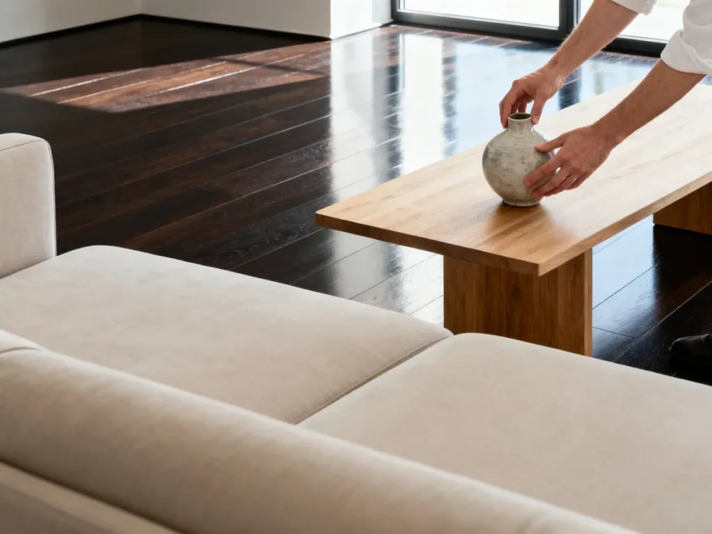 Jasne meble i beżowa sofa na tle ciemnej podłogi w nowoczesnym salonie, tworzące kontrastową i elegancką aranżację wnętrza.