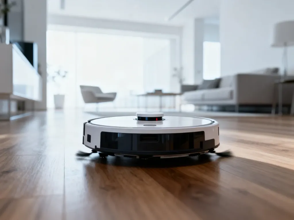 Nowoczesny robot sprzątający odkurza drewnianą podłogę w minimalistycznym salonie.