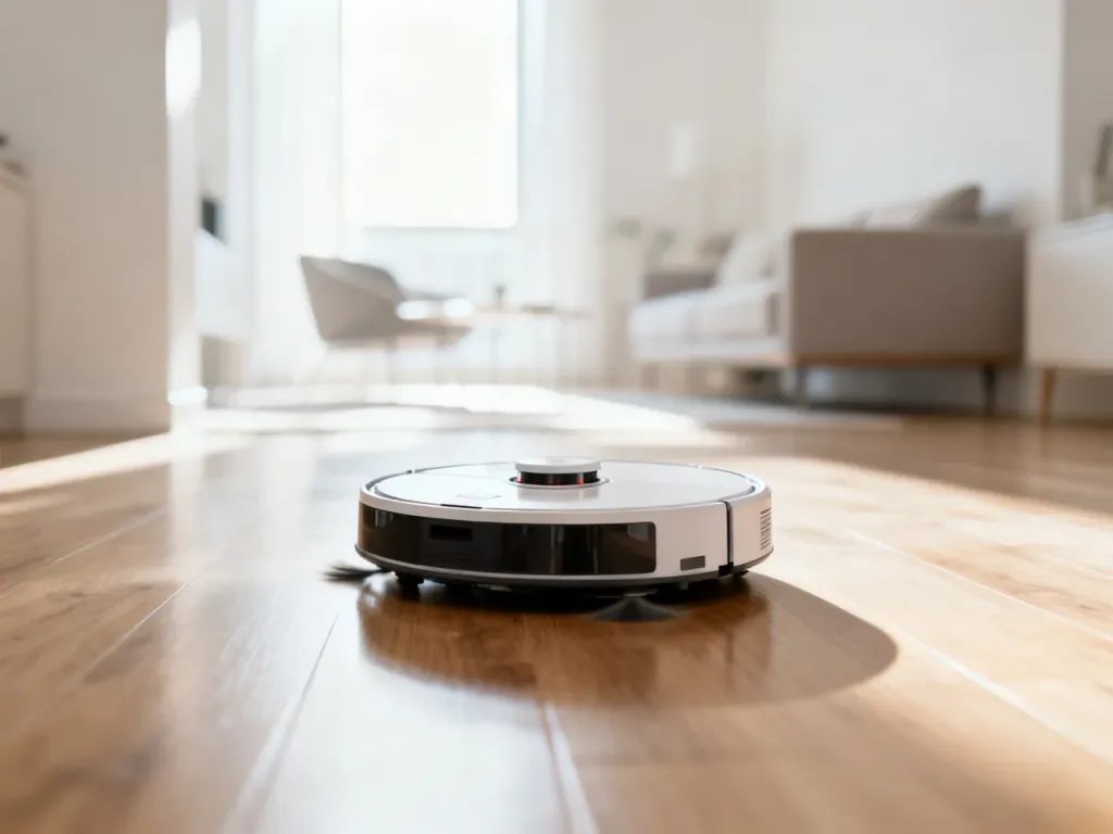 Nowoczesny robot sprzątający poruszający się po czystej drewnianej podłodze w jasnym, minimalistycznym salonie.